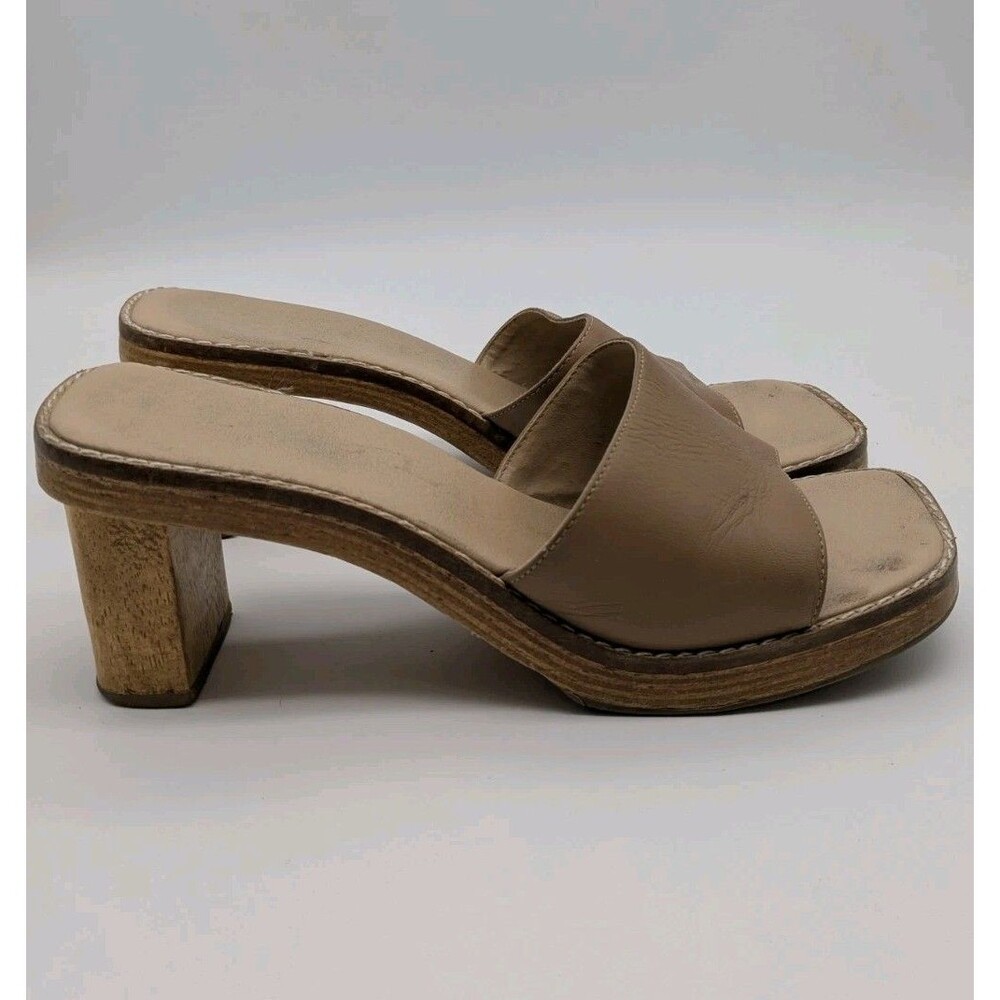 Vintage 90s Minimalist Tan Wood Heel Mules Square Toe Sz 7